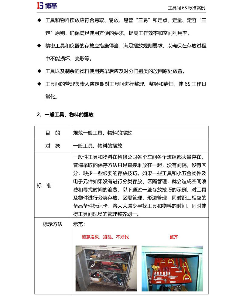 工具間一般工具，物料的擺放
